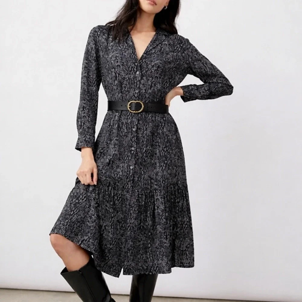 Rails Beatrice Charcoal Abstract Animal Button Front Long Sleeve Shirt Dress S - Picture 1 of 6